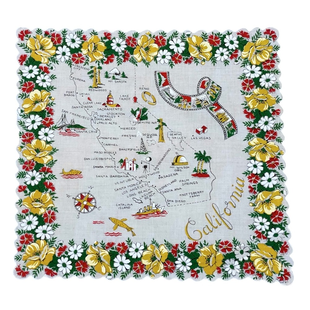 Vintage 1950’s Handkerchief Map of California MCM Retro Souvenir Travel